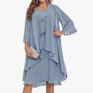 Beautiful 2pc  Layered Midi Shiffon Dress in Dusty Blue